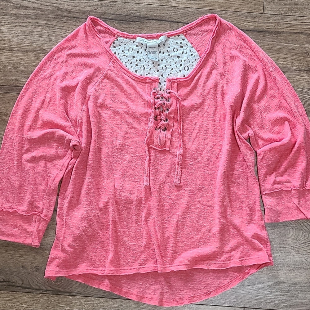Lightly Worn - AMERICAN RAG - Pink w/ White Burn Out Top, Lace Inset- Size L